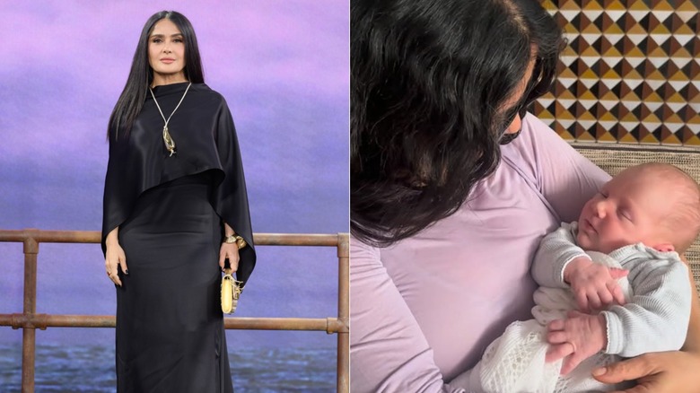 Salma Hayek posant dans une robe noire à gauche et tenant son petit-bébé à droite
