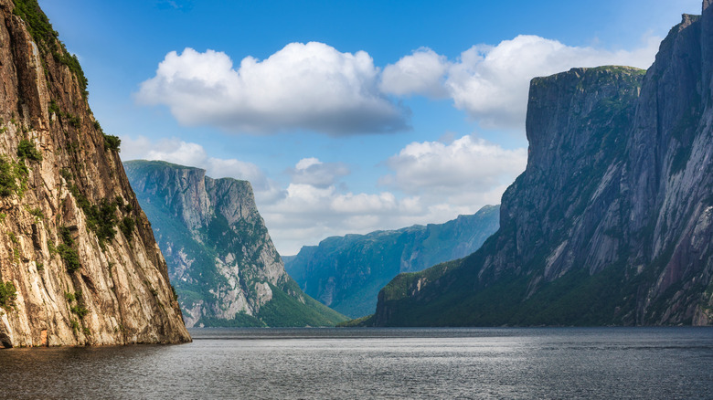 Montagnes dressées au-dessus du fjord de l'étang Western Brook, dans le parc national du Gros-Morne, à Terre-Neuve, Canada