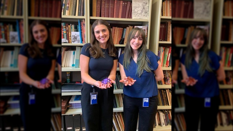 Allison Sefcovic et Payton Kohlberg tiennent des sculptures en époxy de leur nouvelle espèce, Jeanerpeton mazonensis