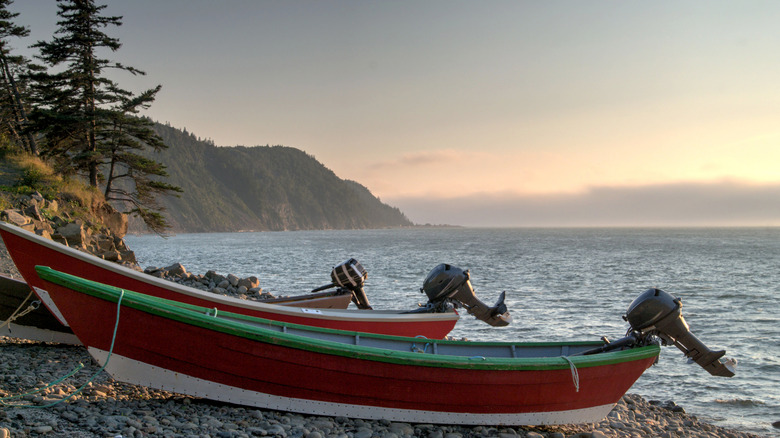 Bateaux rouges sur la rive rocheuse de Whistle Beach, surplombant la baie de Fundy, île Grand Manan, Nouveau-Brunswick, Canada
