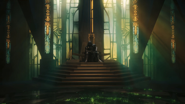 Victor Von Doom de Roberty Downey Jr est assis sur un trône dans Avengers Doomsday