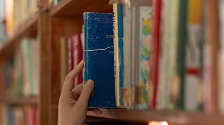 Un flou montre une étagère avec une main sortant l'un des livres