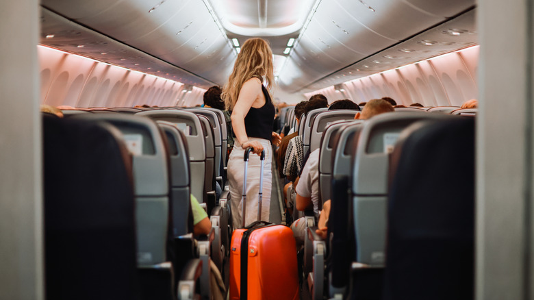 Un passager debout dans un avion avec une valise tandis que d'autres voyageurs sont assis
