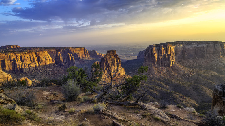 Canyons et formations rocheuses avec coucher de soleil et ciel nuageux