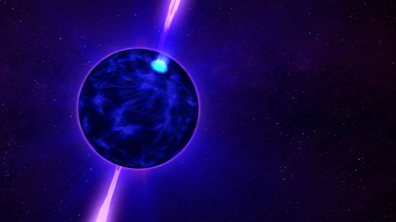 Étoile à neutrons bleuâtre avec des jets d'énergie violets venant du haut et du bas sur fond noir